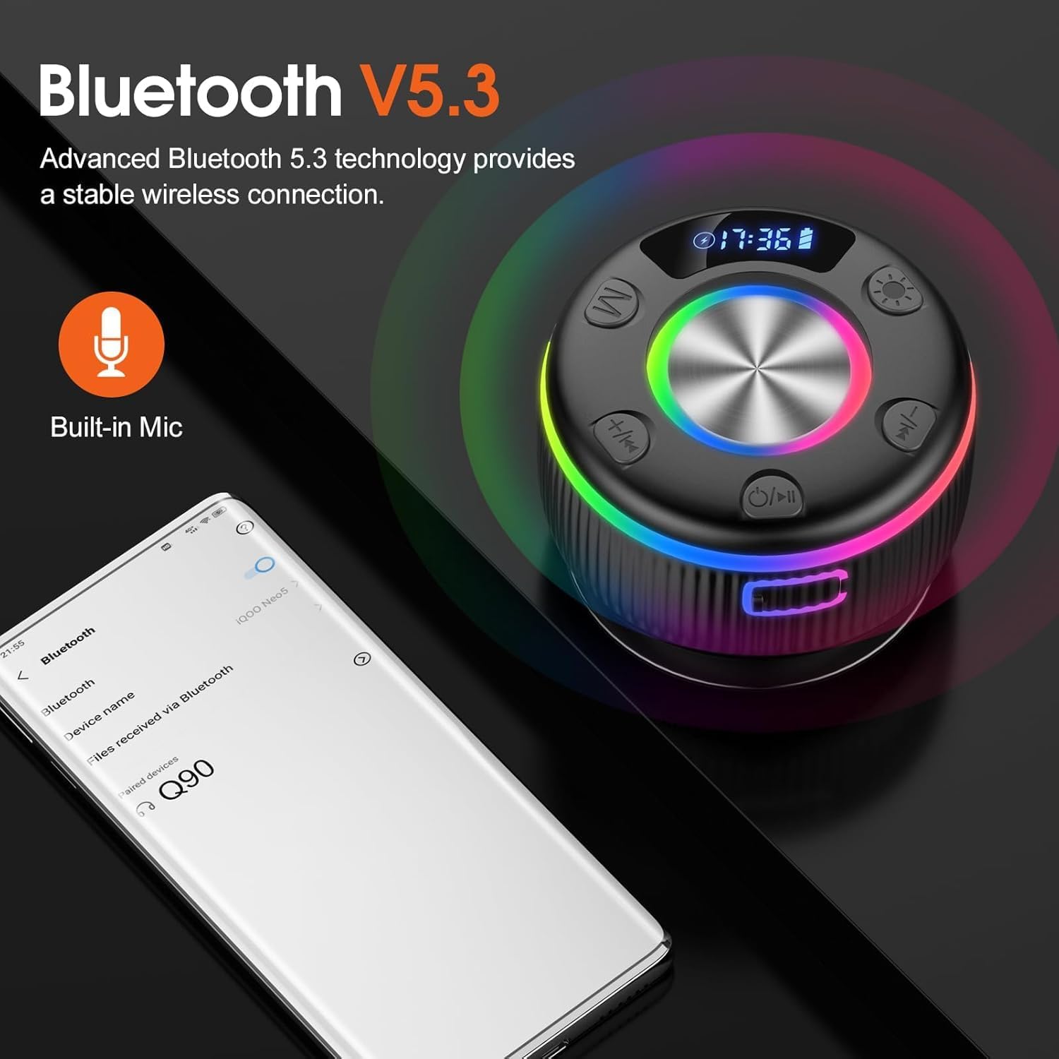 ShowerBeat - The Ultra-Waterproof IP7 Bluetooth Speaker with RGB Lights & Time Display.