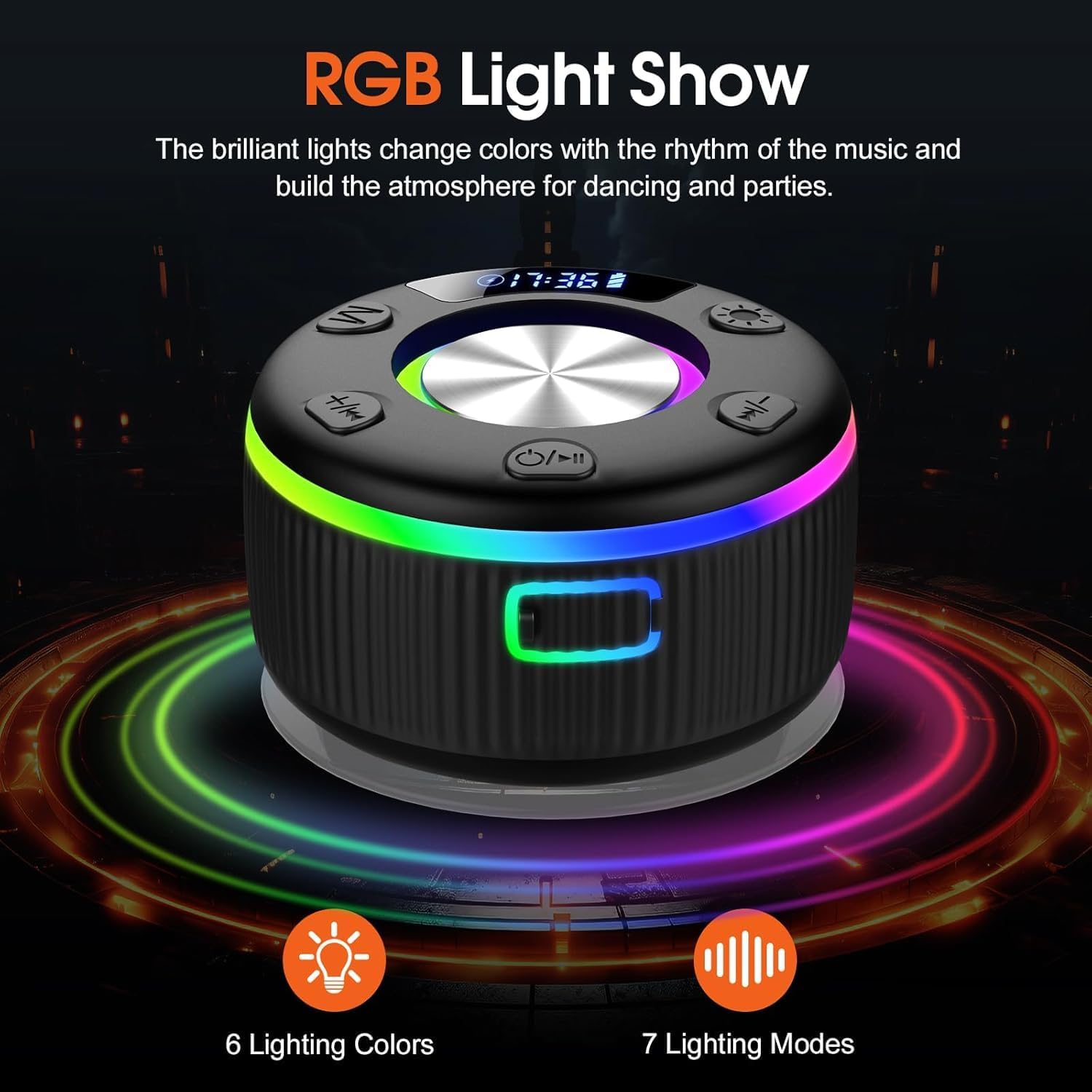 ShowerBeat - The Ultra-Waterproof IP7 Bluetooth Speaker with RGB Lights & Time Display.