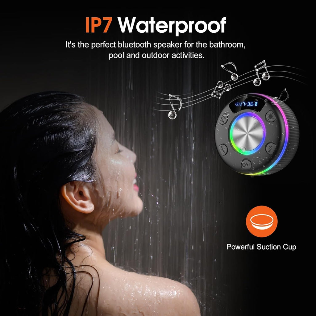 ShowerBeat - The Ultra-Waterproof IP7 Bluetooth Speaker with RGB Lights & Time Display.